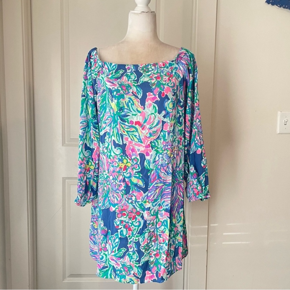Lilly Pulitzer Adira Silk Stretch Off-Shoulder Indigo Exotic Escapade Dress Sz L